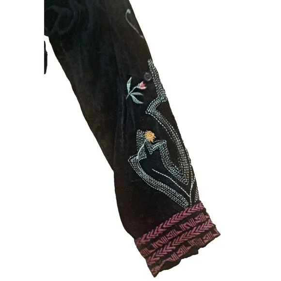 Biya Johnny Was Tunic Top Velvet Embroidered Silk Rayon Black Floral Boho Chic M - Picture 6 of 9